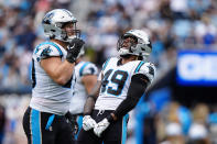 Carolina Panthers linebacker Frankie Luvu (49) reacts after a blocked field goal by New Orleans Saints place kicker Wil Lutz (3) during the first half of an NFL football game, Sunday, Sept. 25, 2022, in Charlotte, N.C. (AP Photo/Jacob Kupferman)