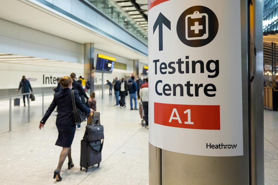 A sign for a Covid-19 testing centre at London Heathrow Airport Ltd. in London, U.K., on Monday, Nov. 29, 2021