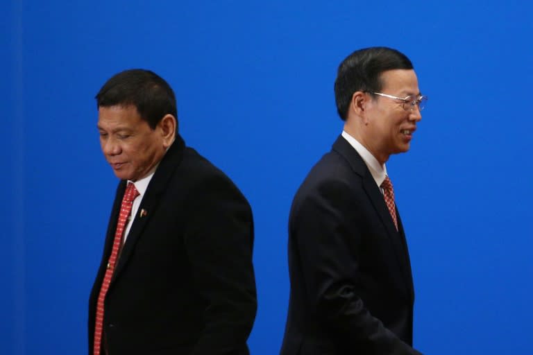 China's Vice-Premier Zhang Gaoli with the Philippines' President Rodrigo Duterte during the Philippines-China Trade and Investment Forum in Beijing on October 20, 2016