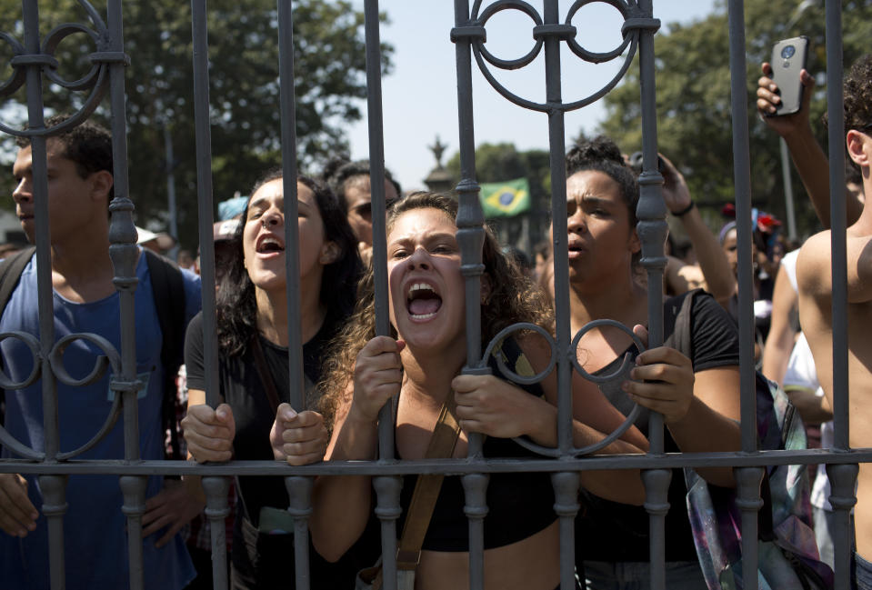 Students and National Museum employees protest outside the National Museum of Rio de Janeiro, Brazil, on Sept. 3, 2018.