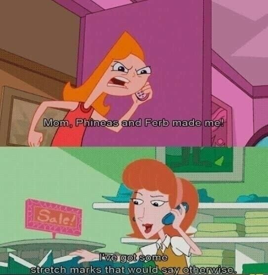 Cartoon frames from "Phineas and Ferb" featuring Candace angry in the first and Linda on the phone in the second