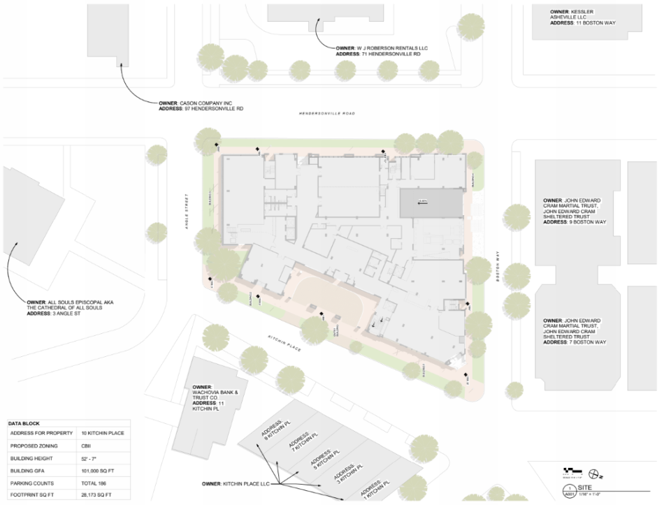 Site plans showing adjacent ownership, basic layout and sidewalk adjustments proposed for the 10 Kitchin Place hotel.