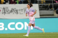 Japan's Hinata Miyazawa celebrates after scoring her side's third goal during the Women's World Cup second round soccer match between Japan and Norway in Wellington, New Zealand, Saturday, Aug. 5, 2023. (AP Photo/Alessandra Tarantino)