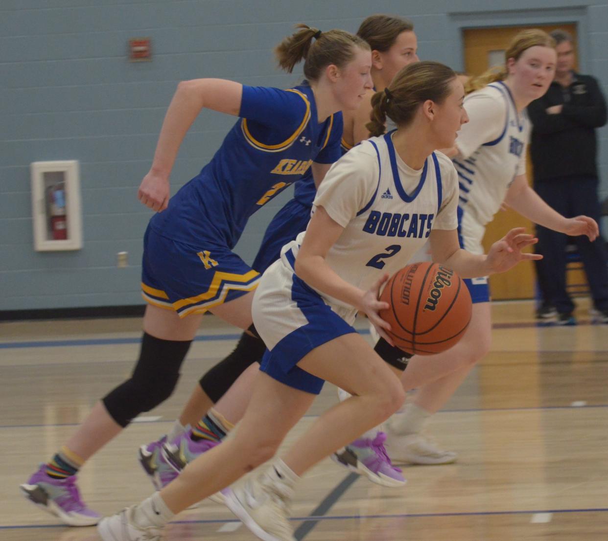 Oyster River's Vivian O'Quinn dribbles the ball up the floor during Wednesday's 68-35 win over Kearsage in a Bobcat Holiday Classic semifinal. O'Quinn had a team-high 15 points in the win.