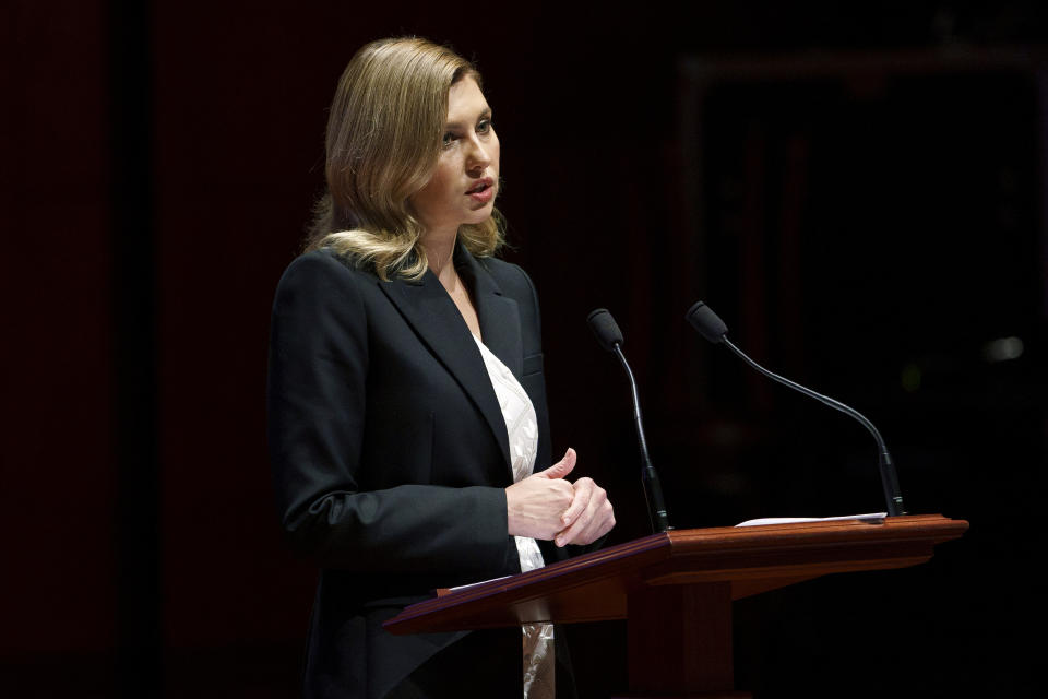 Olena Zelenska, the first lady of Ukraine, addresses members of Congress on Capitol Hill in Washington, Wednesday, July 20, 2022. (Greg Nash/Pool photo via AP)