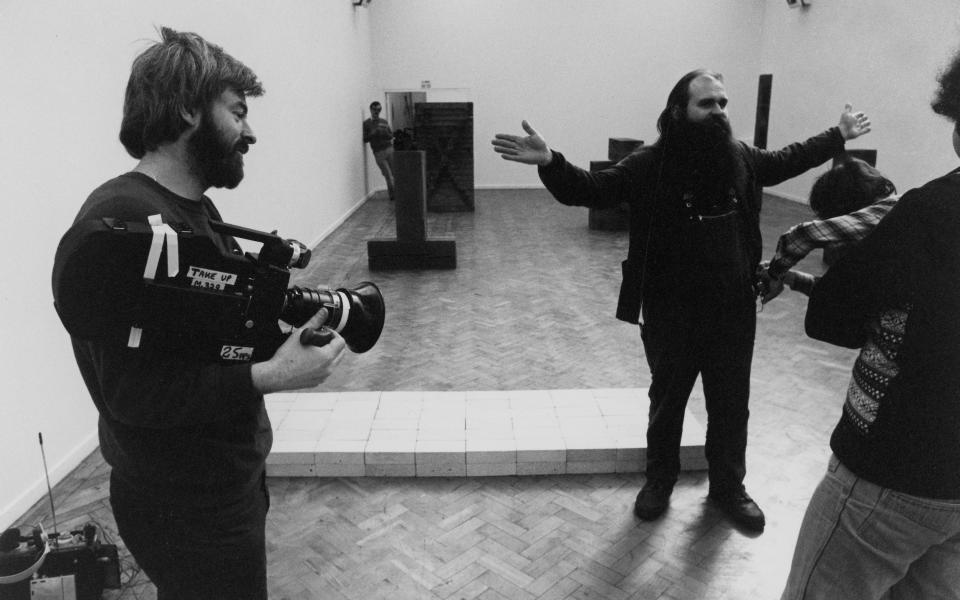 Andre with Equivalent VIII at the Whitechapel in 1978 during the making of the documentary The Art We Deserve?