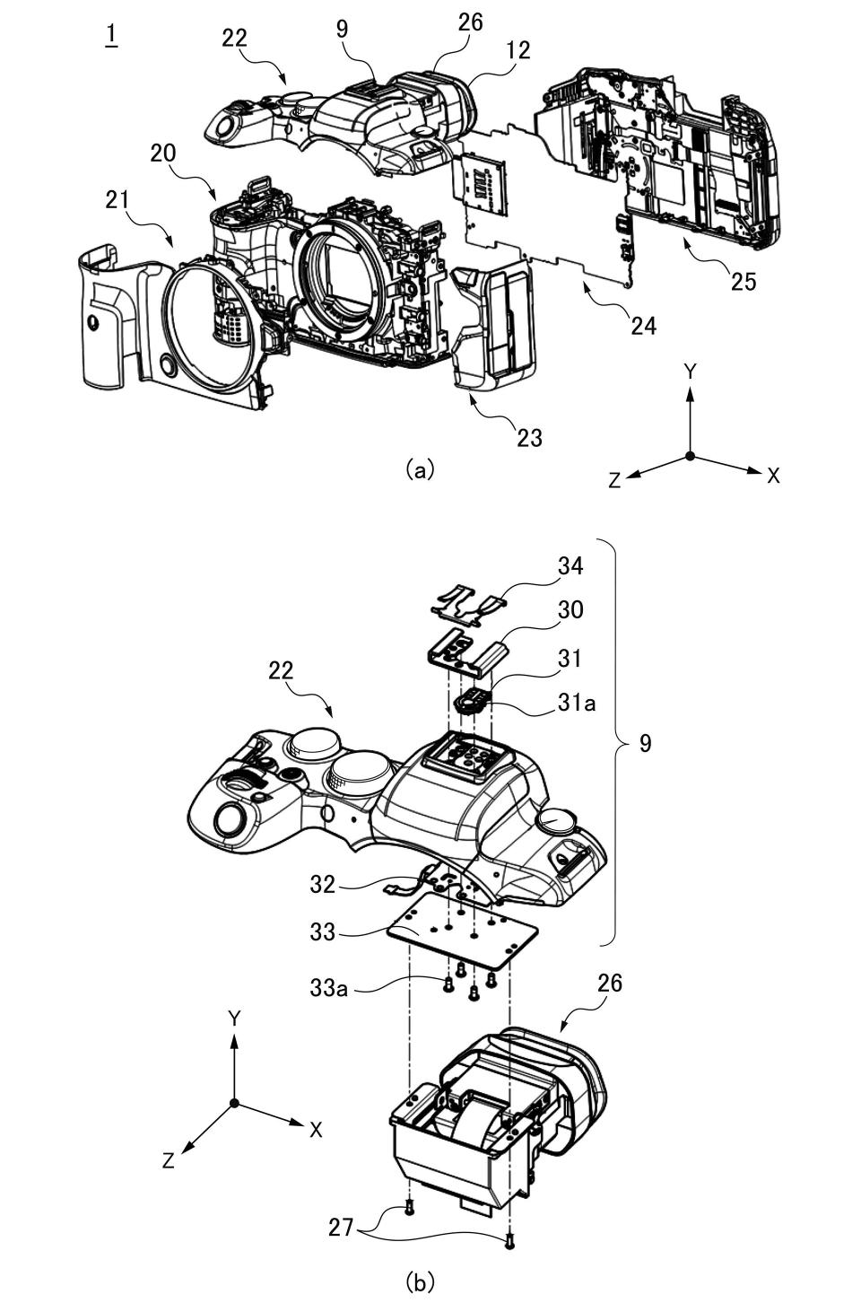 Canon patent diagrams for built-in tilt EVF for EOS R mirrorless cameras