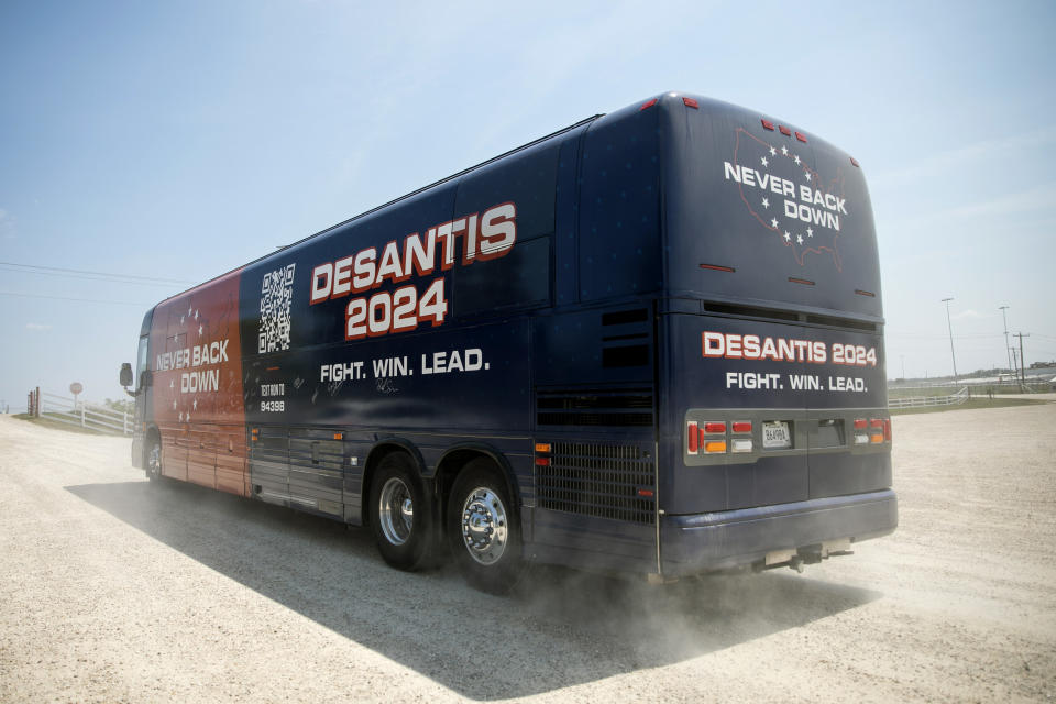 Image: The DeSantis campaign bus leaves Grinnell, Iowa, on Saturday. (Maddie McGarvey for NBC News)