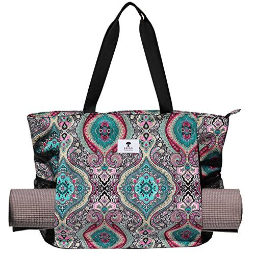 2) ESVAN Yoga Mat Bag Yoga Tote Carrier Shoulder Bag Carryall Tote for Office,Yoga,Pilates,Travel,Beach and Gym (E Bohemian Teal)