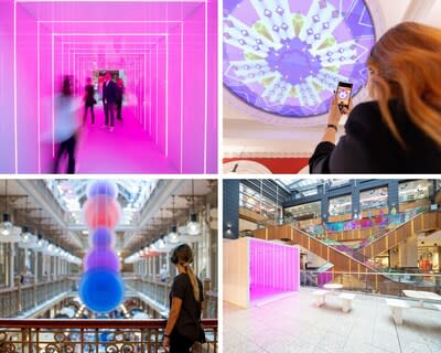 A whole new kind of retail therapy. Shoppers enjoy a "chromotherapy" light tunnel while shopping at the Galeries, "fractal therapy" light projections at the Queen Victoria Building, and "sound therapy" music tracks at The Strand Arcade.