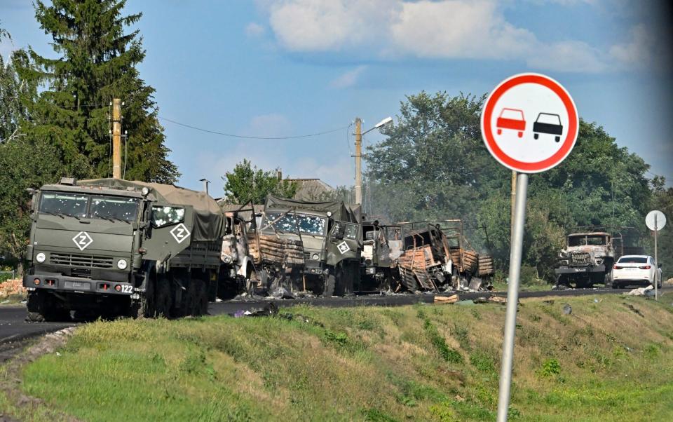 A column of Russian army trucks abandoned in Kursk after shelling by Ukrainian forces