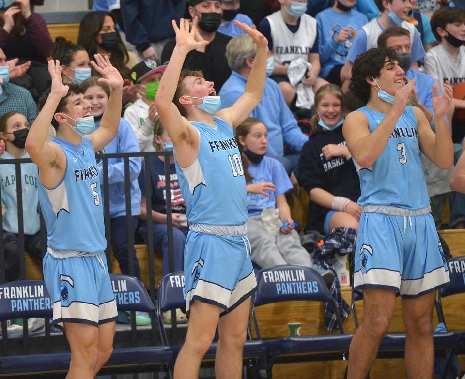 Franklin High School players celebrate senior captain William Tracey’s slam dunk against Milford, Jan. 21, 2022.  From left: junior Justin Allen; sophomore Henry DiGiorgio; and junior Benjamin Harvey.