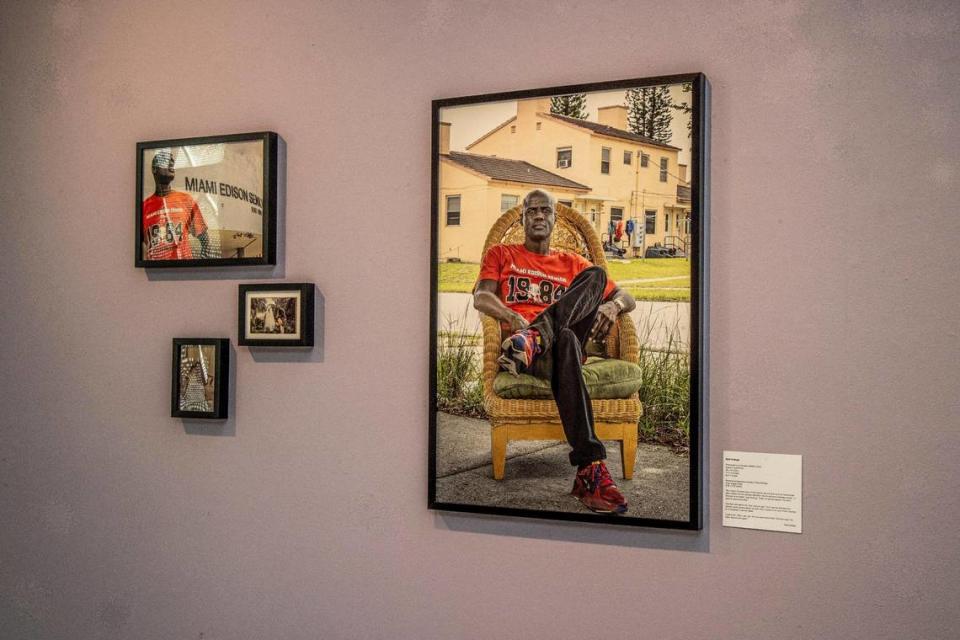 Portraits of Ned Nottage by artist Woosler Delisfort, part of the exhibit “Give Them Their Flowers:” An Exhibit of Black LGBTQ+ Miami History “ curated by Nadege Green and Marie Vickles, on display at the Gallery at the Little Haiti Cultural Center.