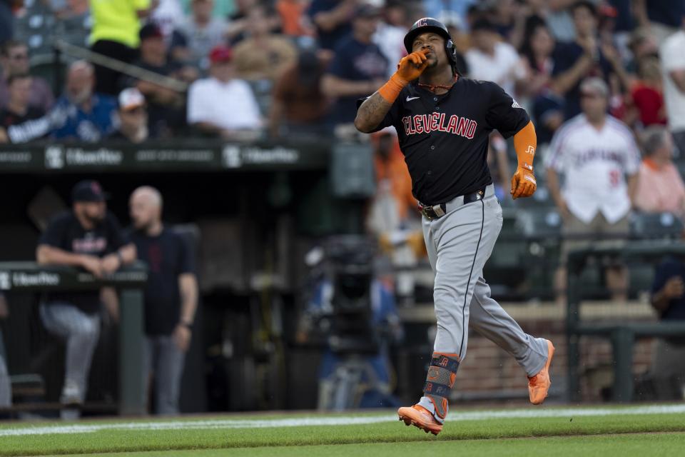 Cleveland Guardians third baseman Jose Ramirez (11) celebrates after hitting a home run during the sixth inning of a baseball game against the Baltimore Orioles, Monday, June 24, 2024, in Baltimore. (AP Photo/Stephanie Scarbrough)