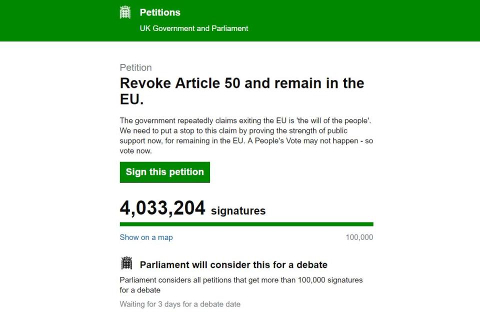 Revoke Article 50 petition calling for Brexit to be cancelled nears five million signatures