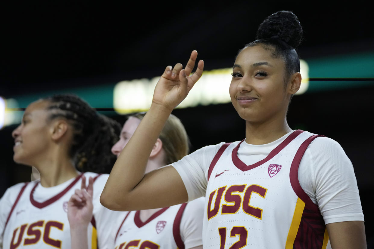 USC guard JuJu Watkins celebrates after beating Le Moyne in Los Angeles on Nov. 13, 2023. (AP Photo/Ashley Landis)