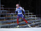 Slovakia's Ivona Fialkova in action during the women's Biathlon World Cup 7,5 km sprint event in Nove Mesto na Morave, Czech Republic, Thursday, March 5, 2020. Due to the Corona virus the Biathlon World Cup takes place without spectators. (AP Photo/Petr David Josek)