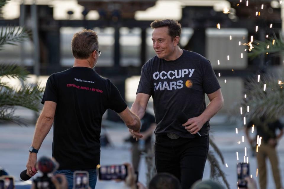 <div class="inline-image__caption"><p>SpaceX founder Elon Musk and T-Mobile CEO Mike Sievert on stage during a T-Mobile and SpaceX joint event on Aug. 25, 2022, in Boca Chica Beach, Texas. </p></div> <div class="inline-image__credit">Michael Gonzalez/Getty</div>