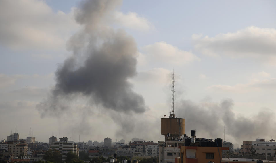 Smoke rises from an explosion caused by an Israeli airstrike in Gaza City, Thursday, Aug. 9, 2018. Israeli warplanes have hit dozens of targets in the Gaza Strip, while Palestinian militants fired scores of rockets into Israel in a fierce burst of violence overnight that came as Egypt was trying to broker a long-term cease-fire between the sides. (AP Photo/Hatem Moussa)