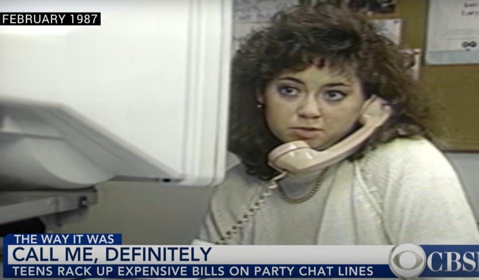 A teenager from the '80s is talking on a corded phone while being featured on the news. The headline reads, "Call me, definitely. Teens rack up expensive bills on party chat lines"