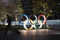 The Olympic rings are seen Monday, March 30, 2020, in Tokyo. The Tokyo Olympics will open next year in the same time slot scheduled for this year's games. Tokyo organizers said Monday the opening ceremony will take place on July 23, 2021. (AP Photo/Jae C. Hong)