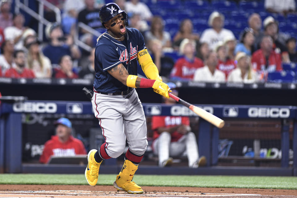 Atlanta Braves' Ronald Acuna Jr. reacts after popping out during the first inning of the team's baseball game against the Miami Marlins, Saturday, May 21, 2022, in Miami. (AP Photo/Gaston De Cardenas)