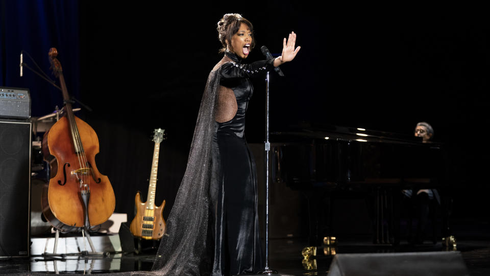 This image released by Sony Pictures shows Naomi Ackie in Tristar's "Whitney Houston: I Wanna Dance with Somebody." (Emily Aragones/Sony Pictures via AP)