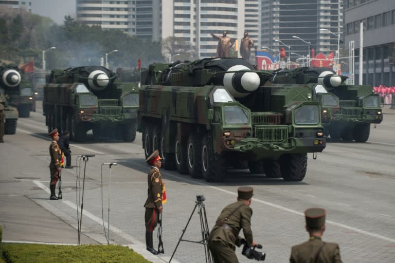 This picture taken on April 15, 2017 shows an unidentified rocket, reported to be a Hwasong-type missile similar to the one used in a May 14, 2017 test launch, at a military parade in Pyongyang