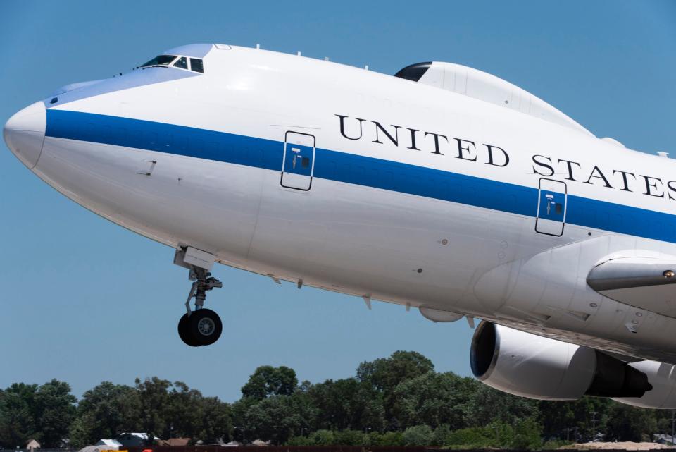 An E-4B Nightwatch aircraft takes off from Offutt Air Force Base, Nebraska. <em>U.S. Air Force photo by Staff Sgt. Jacob Skovo</em>