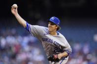 Kansas City Royals starting pitcher Zack Greinke throws against the Arizona Diamondbacks during the first inning of a baseball game Monday, May 23, 2022, in Phoenix. (AP Photo/Ross D. Franklin)