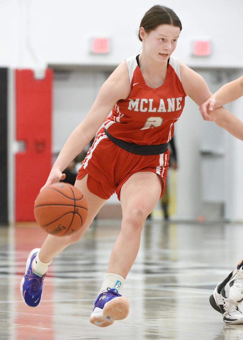General McLane High School sophomore Libby Opp competes against Seneca during the inaugural ECL Classic basketball tournament at Fairview High School on Thursday.