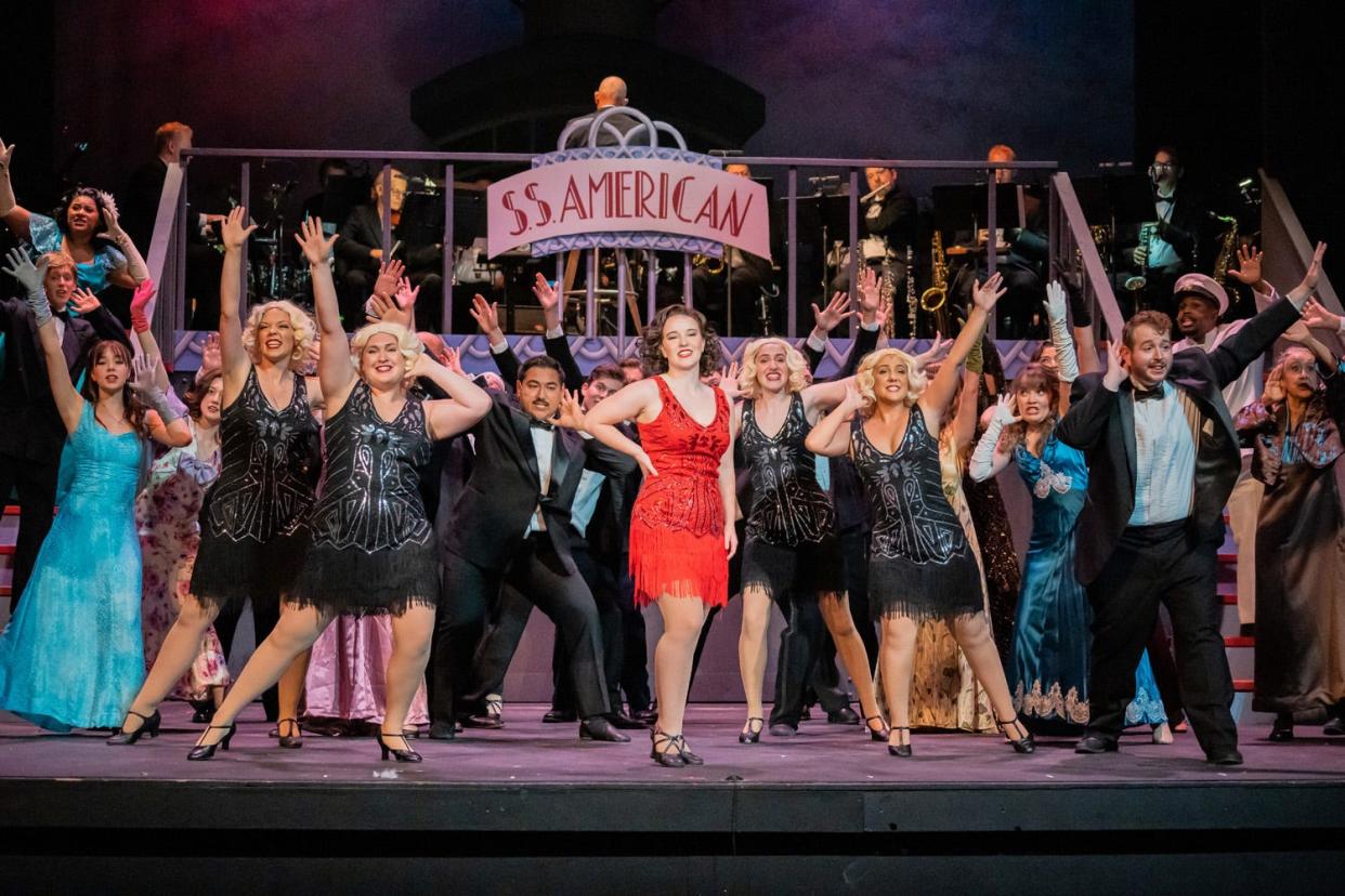 Amber Woollcott as Reno Sweeney leads the cast in "Blow, Gabriel, Blow" in a scene from "Anything Goes" at the Croswell Opera House.