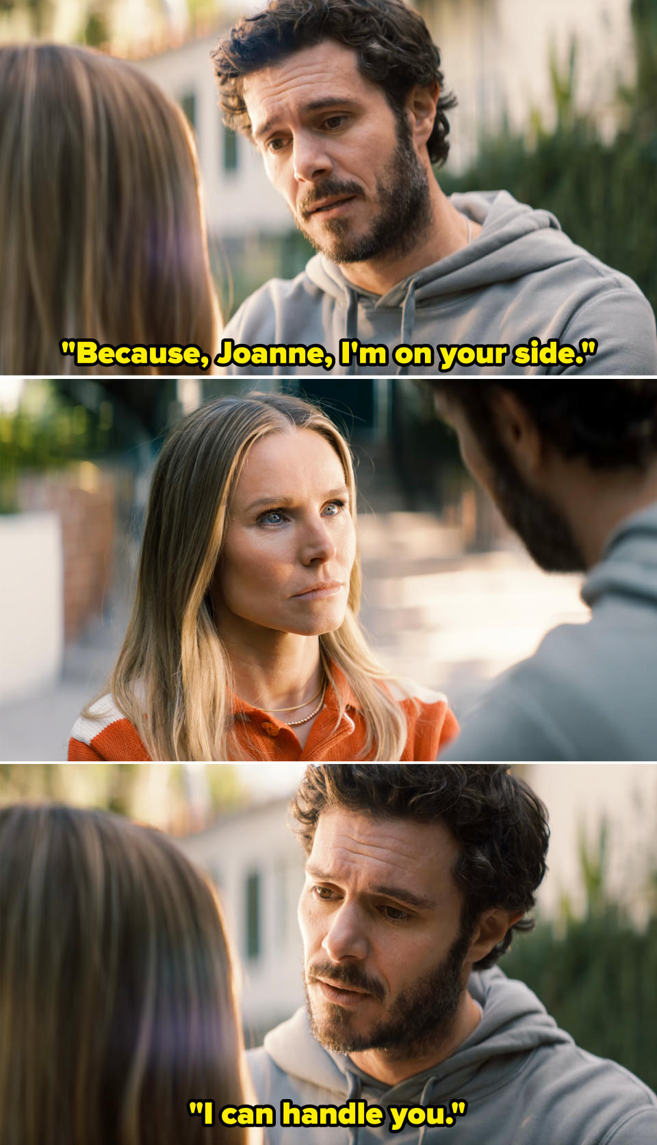 Adam Brody and Kristen Bell have a serious conversation outdoors in a scene from Nobody Wants This