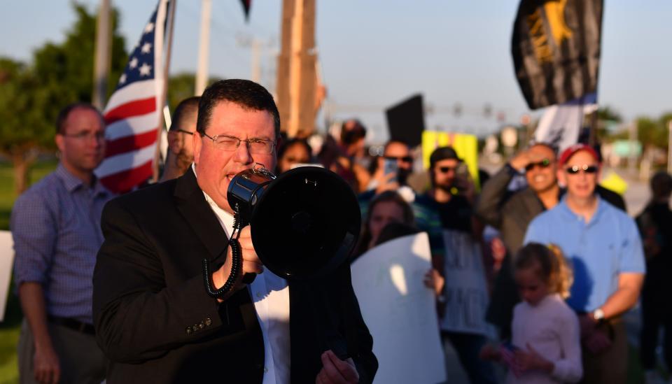 Florida Republican Rep. Randy Fine speaks at a protest over vaccine mandates in Palm Bay, Florida on October 2021.