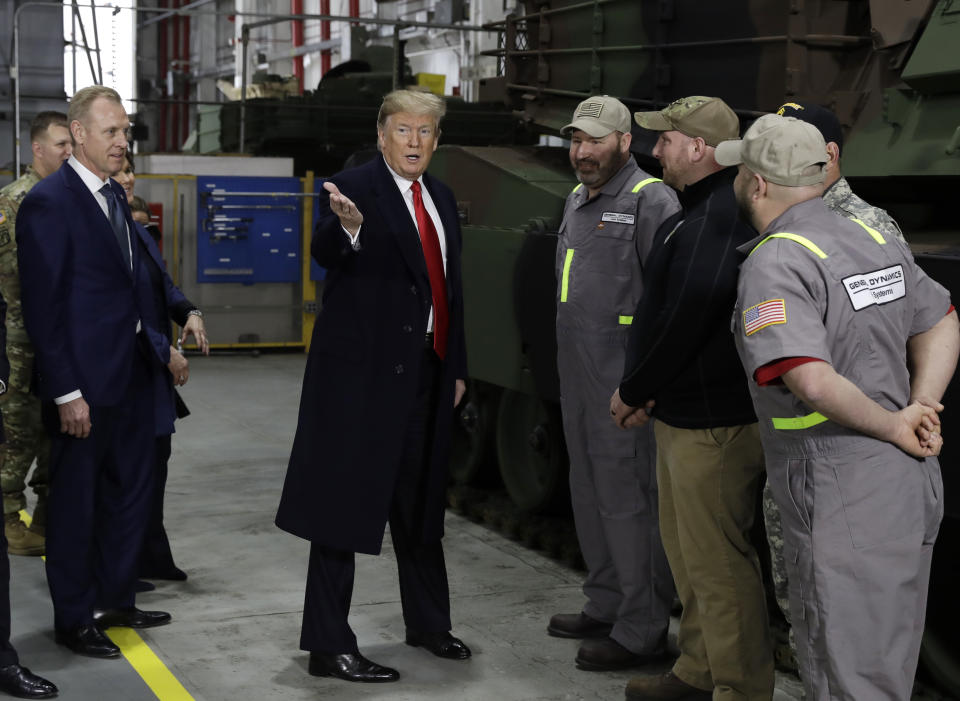 President Donald Trump takes a tour of the Lima Army Tank Plant, Wednesday, March 20, 2019, in Lima, Ohio. (AP Photo/Evan Vucci)