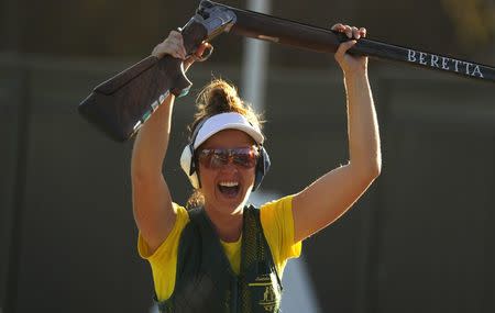 Shooting - Gold Coast 2018 Commonwealth Games - Women’s Trap - Finals - Belmont Shooting Centre - Brisbane, Australia - April 13, 2018. Laetisha Scanlan of Australia celebrates. REUTERS/Eddie Safarik