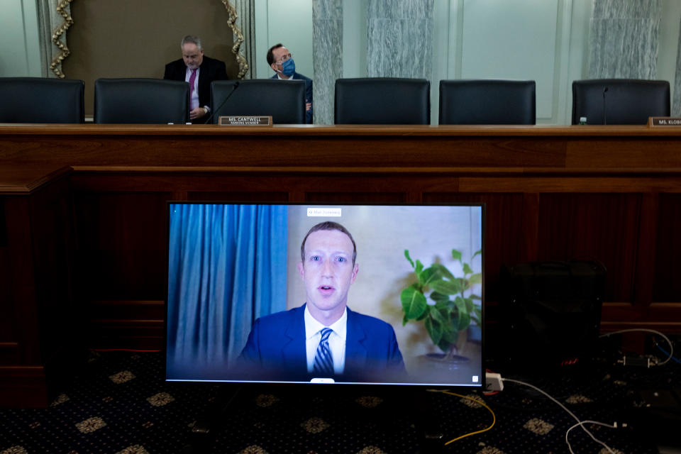 Mark Zuckerberg, founder and CEO of Facebook, testifying remotely during a Senate hearing on Section 230, on Oct. 28<span class="copyright">Michael Reynolds—Pool/Getty Images</span>