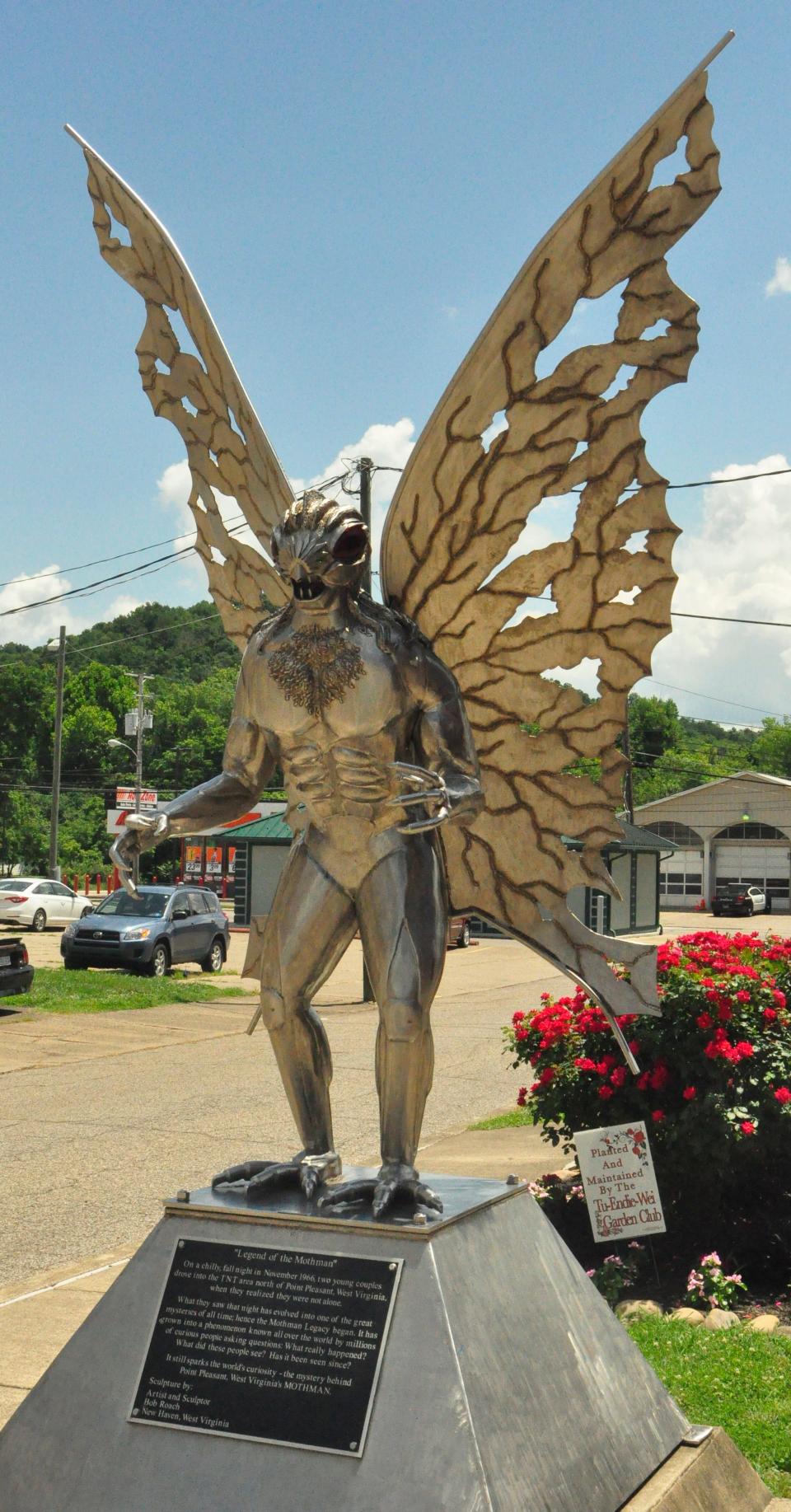 An 11-foot tall metal Mothman statue stands in downtown Point Pleasant, W.Va. near the Mothman Museum.