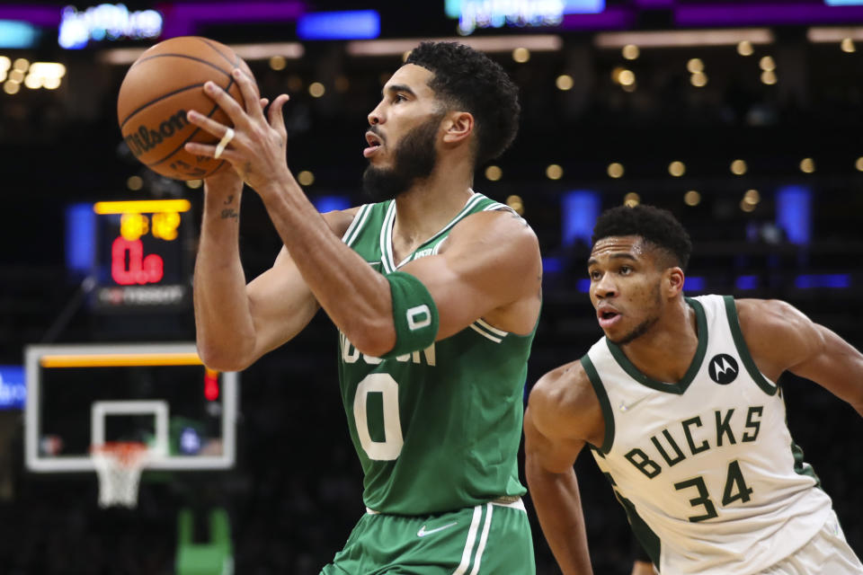 Boston Celtics star Jayson Tatum outplayed the Brooklyn Nets' Kevin Durant in the first round, and now he has his sights set on the Milwaukee Bucks' Giannis Antetokounmpo. (Adam Glanzman/Getty Images)