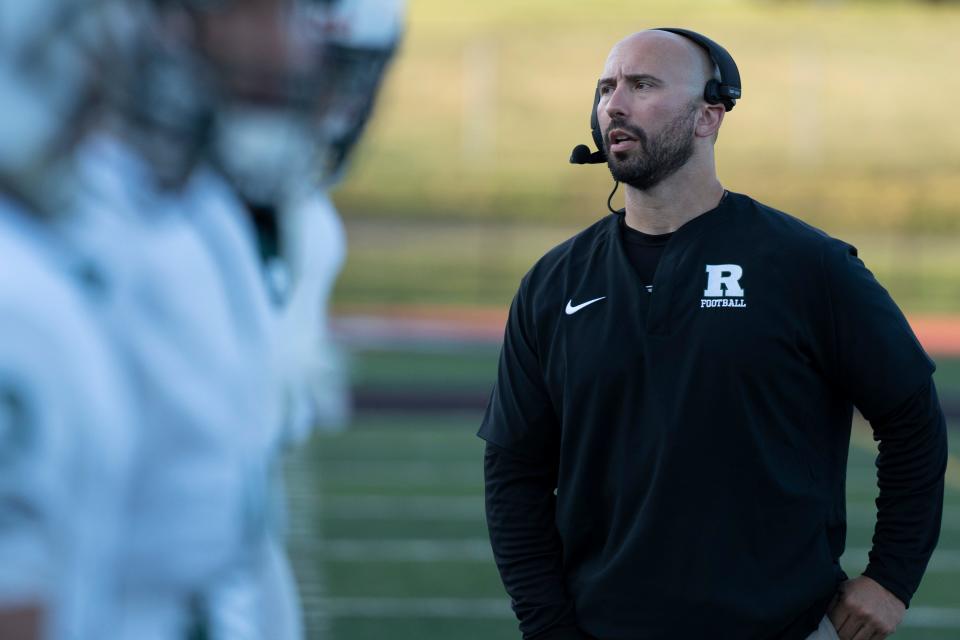 Sept 1, 2023; Franklin Lakes, NJ, USA; Somers (NY) at Ramapo (NJ) in a high school football game on Friday, Sept. 1, 2023. Ramapo head coach Mike DeFazio. Mandatory Credit: Michael Karas-The Record