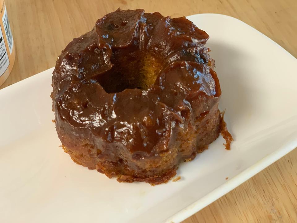 Trader Joe's pumpkin sticky coffee cake on a plate