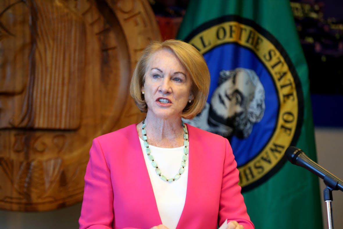 SEATTLE, WA – AUGUST 11: Seattle Mayor Jenny Durkan speaks at a press conference after Seattle Police Chief Carmen Best announced her resignation at Seattle City Hall on August 11, 2020 in Seattle, Washington. Her departure comes after months of protests against police brutality and votes by the City Council to defund her department by 14%. (Photo by Karen Ducey/Getty Images)