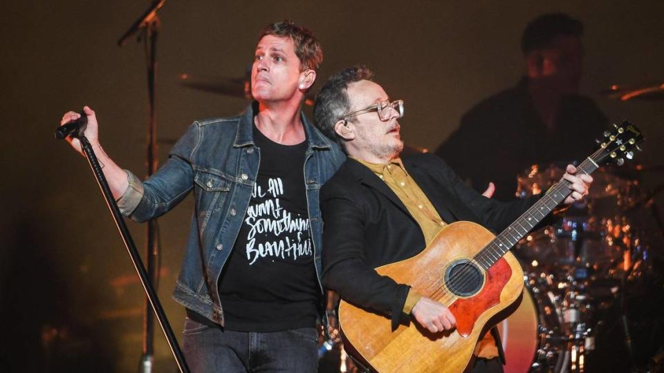 Rob Thomas, left, and Paul Doucette of Matchbox Twenty perform their song “Friends” with the band at the Save Mart Center in Fresno during their Slow Dream tour on Wednesday, May 24, 2023.