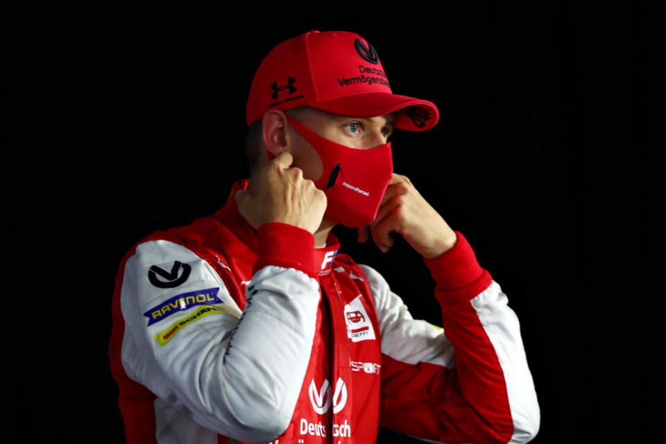 BUDAPEST, HUNGARY - JULY 18: Third placed Mick Schumacher of Germany and Prema Racing talks to the media  during the feature race for the Formula 2 Championship at Hungaroring on July 18, 2020 in Budapest, Hungary. (Photo by Dan Istitene - Formula 1/Formula 1 via Getty Images)