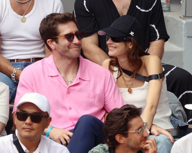 Celebrities attend the 2023 French Open at Roland Garros on June 11, 2023. Pictured: Jake Gyllenhaal and Jeanne Cadieu.