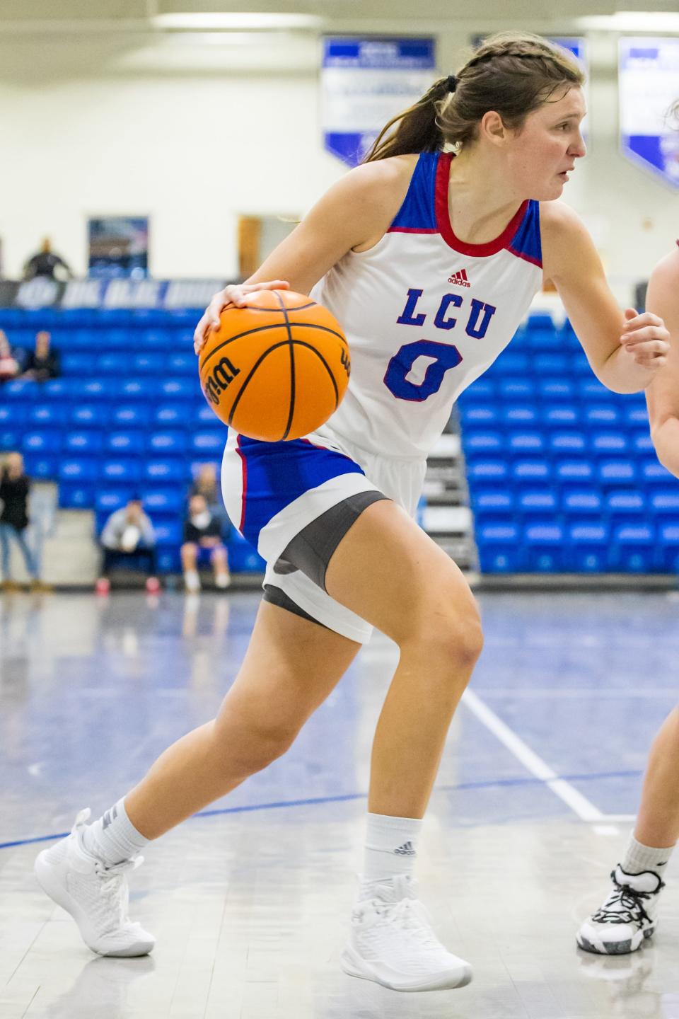 Lubbock Christian University forward Grace Foster (0) was named the Lone Star Conference offensive player of the week after she averaged 17.5 points in two Lady Chaps' road victories last week.