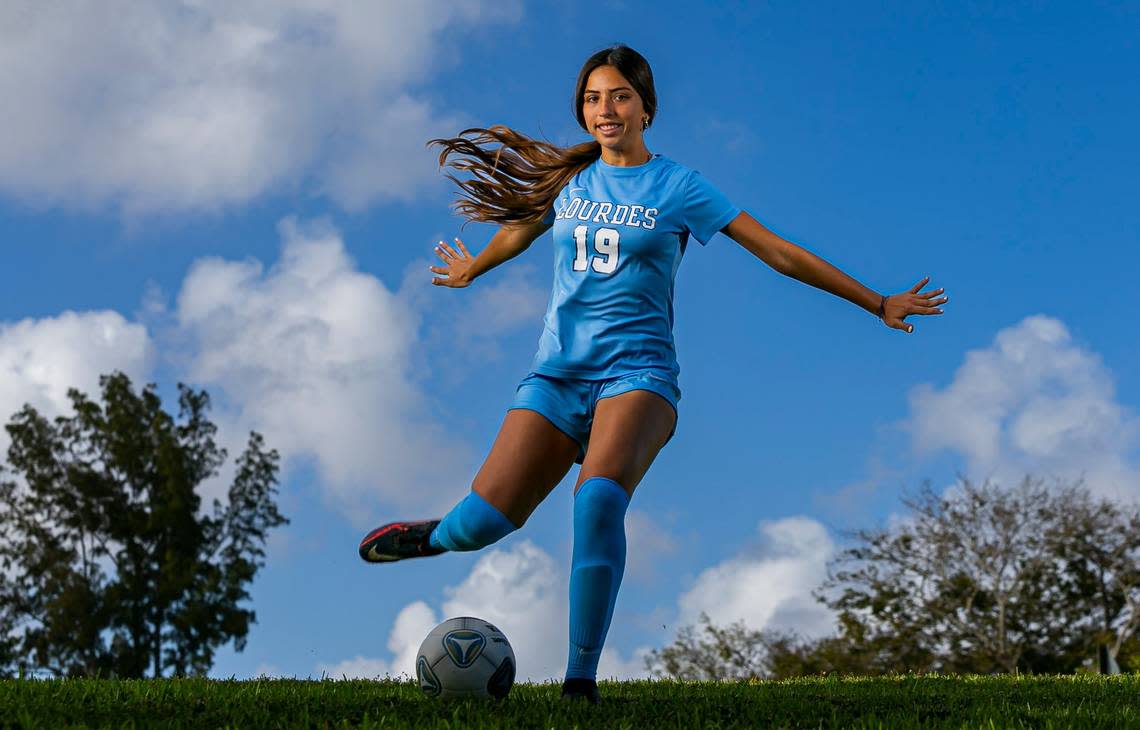 Dade Soccer Big School Player of the Year Katerina Puig, from Lourdes Academy, is photographed at A.D. Barnes Park in Miami, Florida on Tuesday, March 8, 2022.