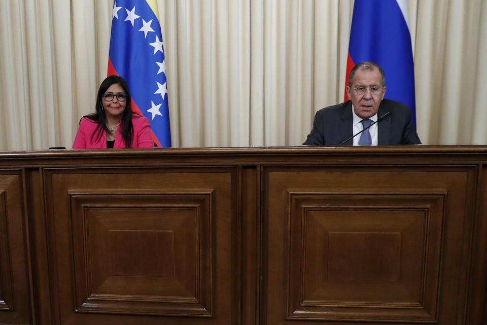 Russian Foreign Minister Sergey Lavrov, right, and Venezuela's Vice President Delcy Rodriguez attend a joint news conference following their talks in Moscow, Russia, Friday, March 1, 2019. Venezuela’s vice president is visiting Russia, voicing hope for stronger ties with Moscow amid the U.S. pressure. (AP Photo/Pavel Golovkin)