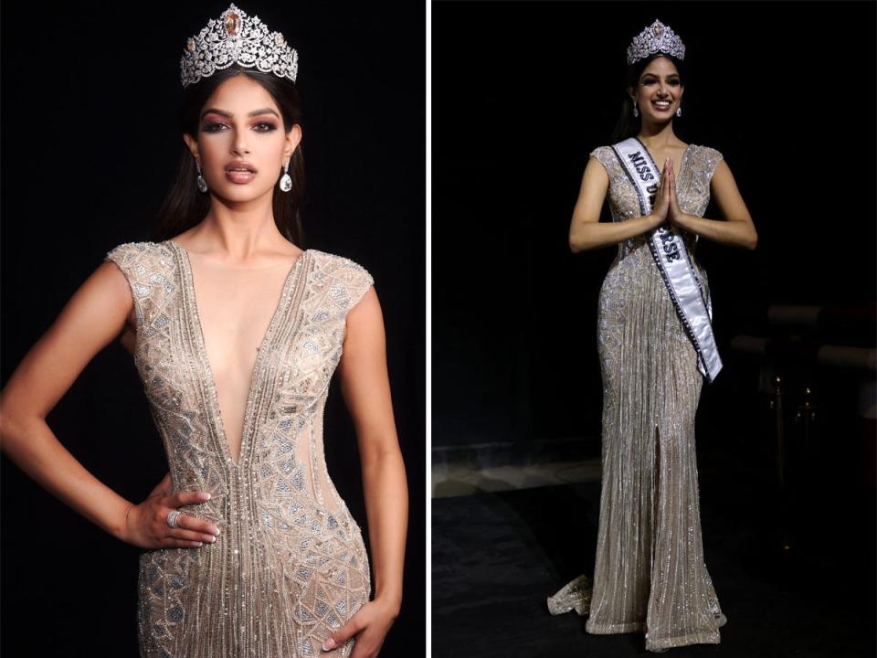 A side-by-side of Miss Universe 2021 in her evening gown look.