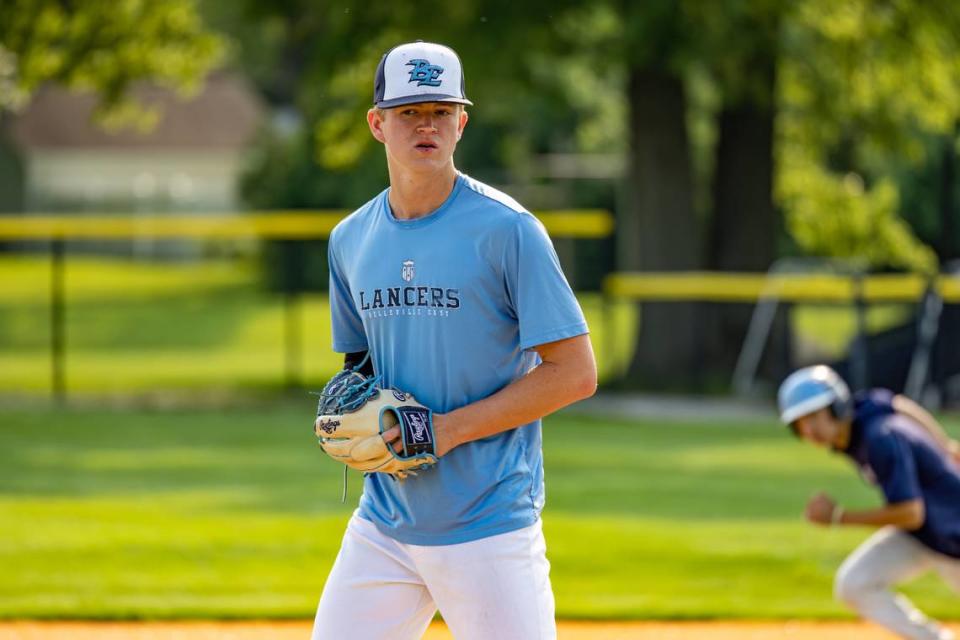 Belleville East pitcher Owen Kelly is at the set position during practice Wednesday, May 17. Kelly is one of the key hurlers on a talented Lancers pitching staff.